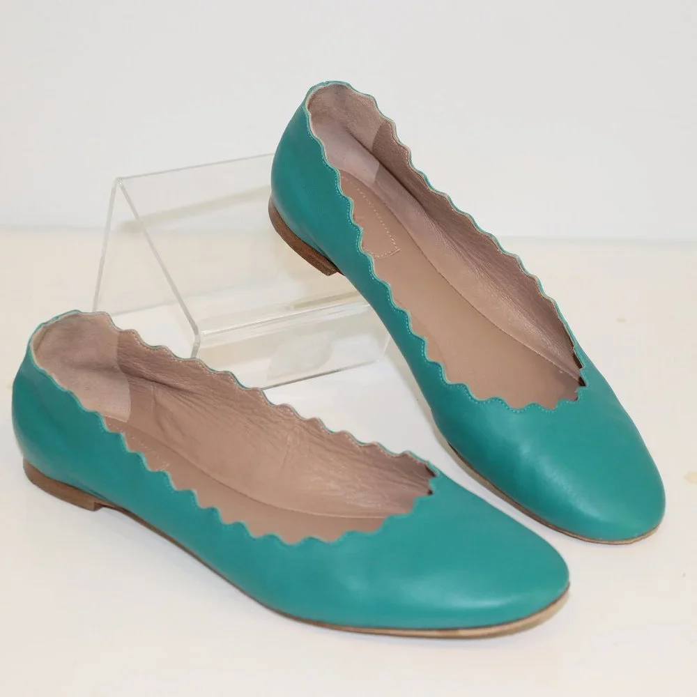 REDUCED Chloe Lauren Scalloped Leather Ballet Flats Turquoise Leather Shoes 37 7